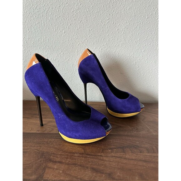 Aldo Deltoro Cobalt Blue Heels Size 6 US 36 Spike Heel Peep Toe Platform Yellow - Picture 2 of 12